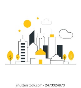 This is a simple illustration of a cityscape. There are a few trees, a few buildings of varying heights. The sun is shining and there are some clouds in the sky.