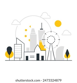 Esta es una simple ilustración de un paisaje urbano. Hay algunos árboles, algunos edificios de diferentes alturas. El sol brilla y hay algunas nubes en el cielo.