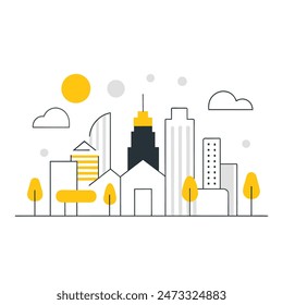 This is a simple illustration of a cityscape. There are a few trees, a few buildings of varying heights. The sun is shining and there are some clouds in the sky.