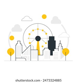 This is a simple illustration of a cityscape. There are a few trees, a few buildings of varying heights. The sun is shining and there are some clouds in the sky.