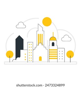 This is a simple illustration of a cityscape. There are a few trees, a few buildings of varying heights. The sun is shining and there are some clouds in the sky.