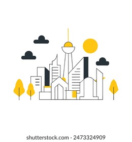 This is a simple illustration of a cityscape. There are a few trees, a few buildings of varying heights. The sun is shining and there are some clouds in the sky.