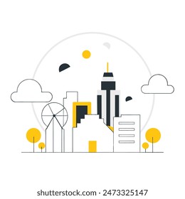 Esta es una simple ilustración de un paisaje urbano. Hay algunos árboles, algunos edificios de diferentes alturas. El sol brilla y hay algunas nubes en el cielo.