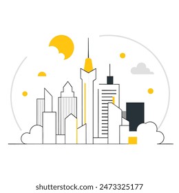 Esta es una simple ilustración de un paisaje urbano. Hay algunos árboles, algunos edificios de diferentes alturas. El sol brilla y hay algunas nubes en el cielo.