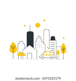 This is a simple illustration of a cityscape. There are a few trees, a few buildings of varying heights. The sun is shining and there are some clouds in the sky.