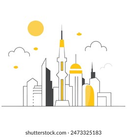This is a simple illustration of a cityscape. There are a few trees, a few buildings of varying heights. The sun is shining and there are some clouds in the sky.