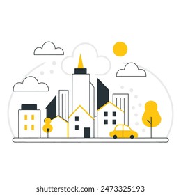 This is a simple illustration of a cityscape. There are a few trees, a few buildings of varying heights. The sun is shining and there are some clouds in the sky.