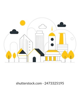This is a simple illustration of a cityscape. There are a few trees, a few buildings of varying heights. The sun is shining and there are some clouds in the sky.