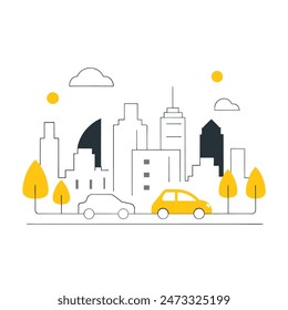 This is a simple illustration of a cityscape. There are a few trees, a few buildings of varying heights. The sun is shining and there are some clouds in the sky.