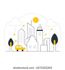 Esta es una simple ilustración de un paisaje urbano. Hay algunos árboles, algunos edificios de diferentes alturas. El sol brilla y hay algunas nubes en el cielo.