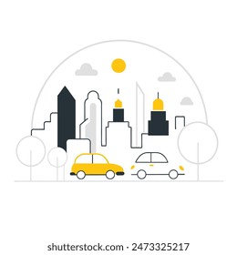 This is a simple illustration of a cityscape. There are a few trees, a few buildings of varying heights. The sun is shining and there are some clouds in the sky.