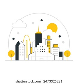 This is a simple illustration of a cityscape. There are a few trees, a few buildings of varying heights. The sun is shining and there are some clouds in the sky.