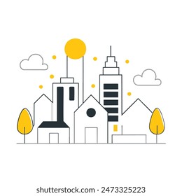 This is a simple illustration of a cityscape. There are a few trees, a few buildings of varying heights. The sun is shining and there are some clouds in the sky.
