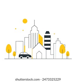 This is a simple illustration of a cityscape. There are a few trees, a few buildings of varying heights. The sun is shining and there are some clouds in the sky.