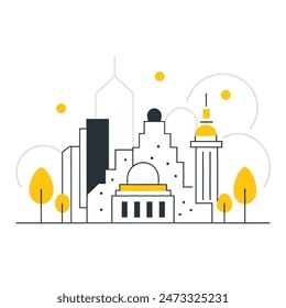 This is a simple illustration of a cityscape. There are a few trees, a few buildings of varying heights. The sun is shining and there are some clouds in the sky.