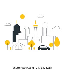 This is a simple illustration of a cityscape. There are a few trees, a few buildings of varying heights. The sun is shining and there are some clouds in the sky.