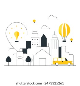 This is a simple illustration of a cityscape. There are a few trees, a few buildings of varying heights. The sun is shining and there are some clouds in the sky.