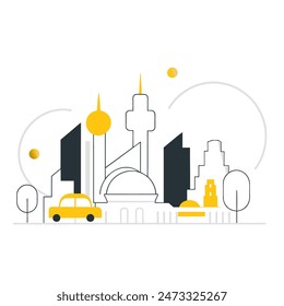 This is a simple illustration of a cityscape. There are a few trees, a few buildings of varying heights. The sun is shining and there are some clouds in the sky.