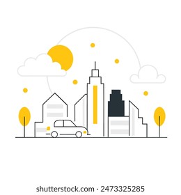 This is a simple illustration of a cityscape. There are a few trees, a few buildings of varying heights. The sun is shining and there are some clouds in the sky.