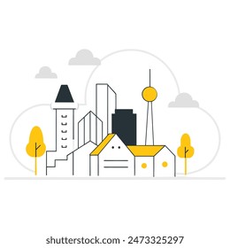 This is a simple illustration of a cityscape. There are a few trees, a few buildings of varying heights. The sun is shining and there are some clouds in the sky.