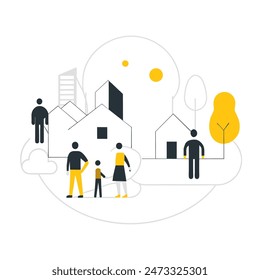 This is a simple illustration of a cityscape. There are a few trees, a few buildings of varying heights. The sun is shining and there are some clouds in the sky.