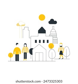 This is a simple illustration of a cityscape. There are a few trees, a few buildings of varying heights. The sun is shining and there are some clouds in the sky.