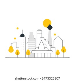 This is a simple illustration of a cityscape. There are a few trees, a few buildings of varying heights. The sun is shining and there are some clouds in the sky.