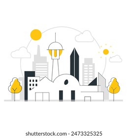This is a simple illustration of a cityscape. There are a few trees, a few buildings of varying heights. The sun is shining and there are some clouds in the sky.