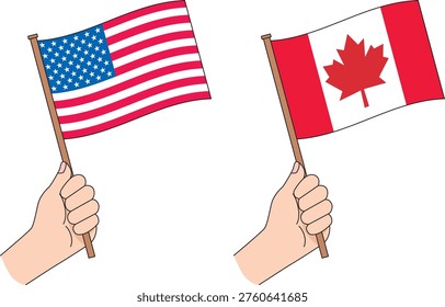This is a simple illustration depicting the flags of the United States and Canada held in hand. It can be used in a wide range of contexts, including educational materials, international events, travel and tourism content, and business documents.