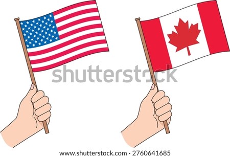 This is a simple illustration depicting the flags of the United States and Canada held in hand. It can be used in a wide range of contexts, including educational materials, international events, travel and tourism content, and business documents.
