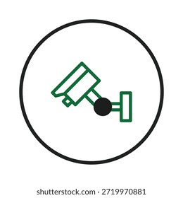 This simple illustration features a green surveillance camera outline, symbolic of security and protection. It represents technological vigilance and safeguarding, indicating monitoring and alert