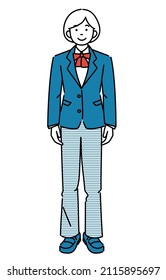 This is a simple illustration of a female student standing facing the front wearing a school uniform with slacks and ribbons. There is also one of a combination of slacks and a tie.