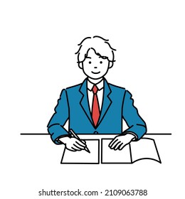 This is a simple illustration of a male student wearing a uniform and taking classes.Vector data that is easy to edit.