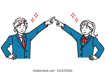 This is a simple illustration set of male and female students pointing at a goal while wearing hachimaki, a traditional Japanese headband.
The Japanese characters are "pass" and "win".