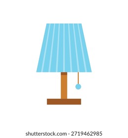 Esta es una ilustración simple de una lámpara de mesa con un tono azul. La lámpara tiene una base marrón y una cadena con un adorno de bola azul. La pantalla de la lámpara es de color azul claro con rayas de Vertical. El fondo es blanco y aislado, lo que lo hace perfecto para su uso como elemento gráfico o icono.