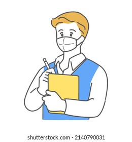 This is a simple illustration of a woman holding a binder and pen.