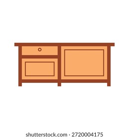 This is a simple illustration of a wooden sideboard with drawers and cabinets. The sideboard is depicted in a flat design style with a brown and orange color scheme. It features a drawer on top and two cabinets below, providing ample storage space. The illustration is set against a plain white background, making it easy to use in various design contexts.