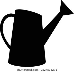 This simple image showcases a stark, black watering can isolated on a clean, white backdrop, highlighting the shape and form of this classic garden tool.