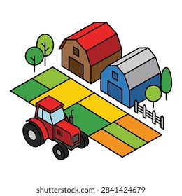This simple isometric illustration features a red tractor in front of two barns and colorful fields. Trees and a fence complete the basic farm landscape.
