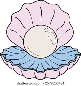 This simple line art illustration showcases a beautiful, stylized seashell open to reveal a pearl within.