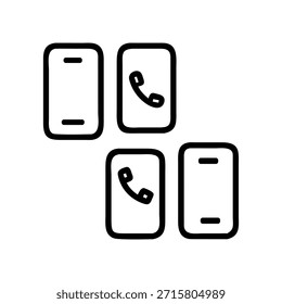 Dies ist eine einfache Line-Art-Illustration mit vier Handysymbolen. Zwei der Symbole zeigen einen leeren Bildschirm mit zwei horizontalen Linien an, was auf eine Telefonschnittstelle schließen lässt. Die beiden anderen Symbole zeigen ein klassisches Telefonhörersymbol an, das auf eine Anruf- oder Kommunikationsfunktion hinweist. Die Anordnung schlägt eine digitale Schnittstelle oder App-Design-Element im Zusammenhang mit Telefonanrufen.
