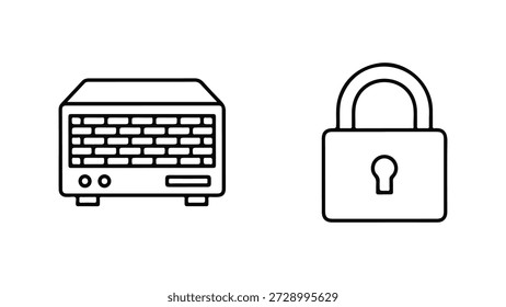 Esta é uma ilustração de arte de linha simples apresentando dois ícones lado a lado em um fundo branco. À esquerda está um ícone que representa um servidor de computador ou um dispositivo NAS (Network-Attached Storage, armazenamento conectado à rede). Ele é representado como uma caixa retangular com um painel frontal texturizado que lembra um teclado ou grade de ventilação, e dois pequenos botões circulares e um slot retangular abaixo dele. O dispositivo está apoiado em dois pés pequenos. À direita do ícone do servidor está um ícone de cadeado clássico, também renderizado em um estilo de arte de linha simples. O cadeado tem uma manilha curva no topo e um corpo retangular com um buraco de fechadura no centro. A imagem geral é minimalista e simboliza conceitos relacionados à segurança de dados, proteção de rede, privacidade ou controle de acesso.