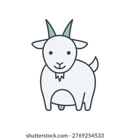 This is a simple line drawing of a goat with a friendly and smiling face. The goat is depicted with two small, curved horns on its head, short legs, and a small beard under its chin. The drawing is minimalistic and cartoonish, giving it a cute and approachable appearance.