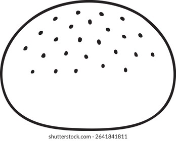 This is a simple line drawing of a hamburger bun, with sesame seeds scattered across the top half.