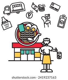 This is a simple line drawing illustration of a ramen shop.