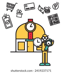 This is a simple line drawing illustration of a watch store.