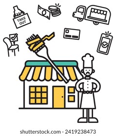 This is a simple line drawing illustration of a pasta shop.