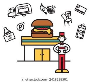 Dies ist eine einfache Zeichnung, die ein Hamburger-Geschäft veranschaulicht.