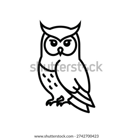 This is a simple line drawing of an owl facing forward. The owl features detailed feathers on its head and body, prominent eyes, and a curved beak. It is perched upright with its wings neatly folded, giving it a dignified and wise appearance. The drawing is in black and white, emphasizing the owl's elegant form and serene expression