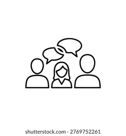 This is a simple line drawing of three people having a conversation. The image features a minimalist design with three human figures and two speech bubbles, conveying a sense of discussion and collaboration. The clean and basic illustration style makes it suitable for use as an icon or graphic element in various digital and print materials.